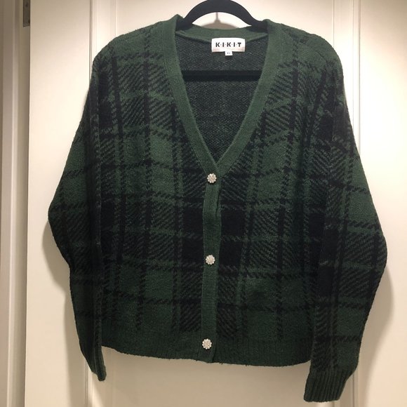 Kikit V-Neck Knit Plaid Cardigan Sweater Long Sleeve Green/Black Size Large - Picture 1 of 4
